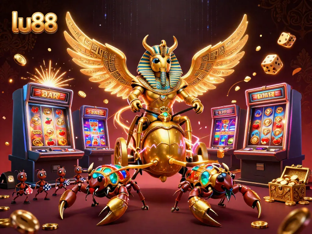 Experience the excitement at lu88 with stunning casino visuals featuring a golden scarab chariot and dynamic slots.