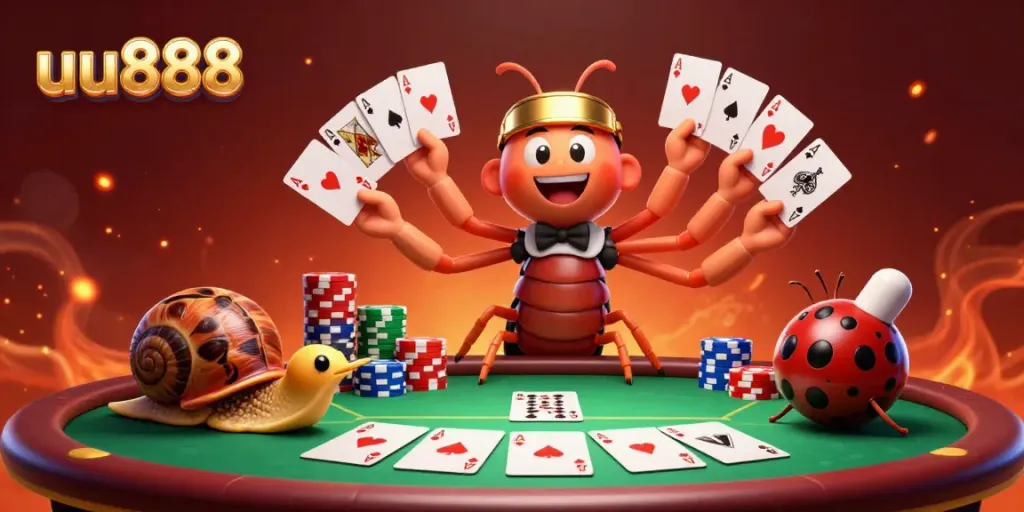 Experience the excitement of uu888 with a lively 3D scene featuring a whimsical dealer and high-roller pushing chips.