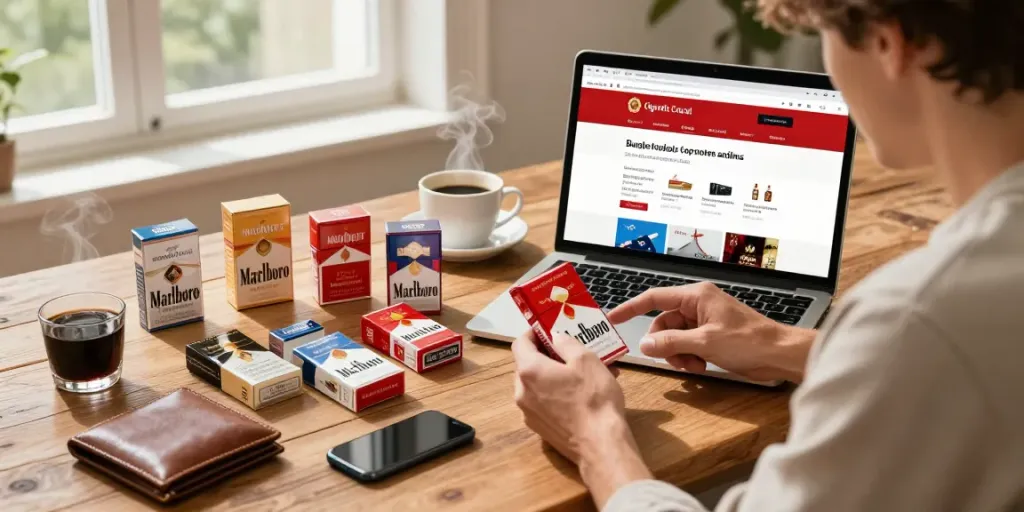 Shop budget cigarette and top smokes Australia online with various packs displayed on a rustic table.