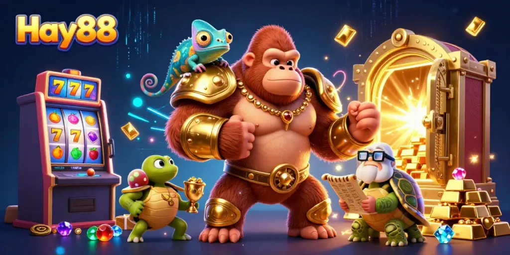 Engage with Hay88's thrilling gaming experience featuring a dynamic 3D scene with a powerful gorilla king, chameleon, and tortoise.