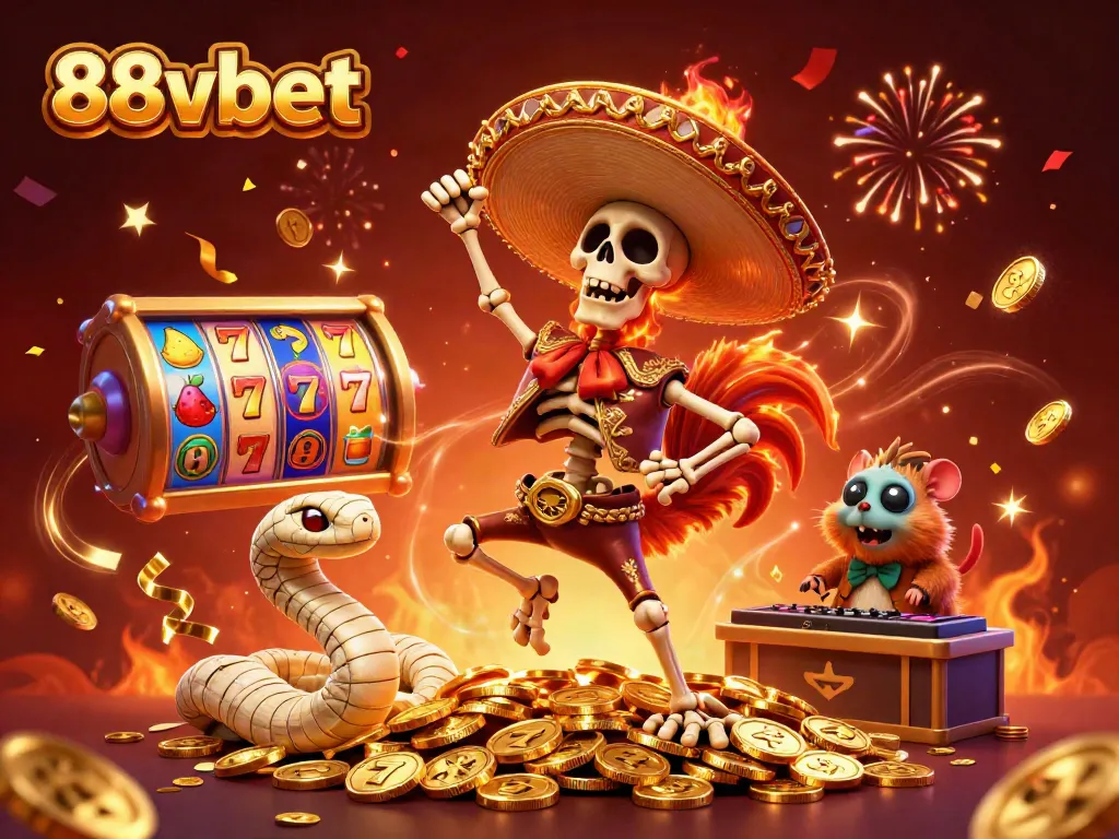 Experience high-energy gaming with 88vbet's festive 3D casino scene featuring vibrant characters and dynamic elements.
