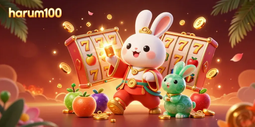 Pesan jackpot dengan harum100 dan simbol slot yang bersinar.