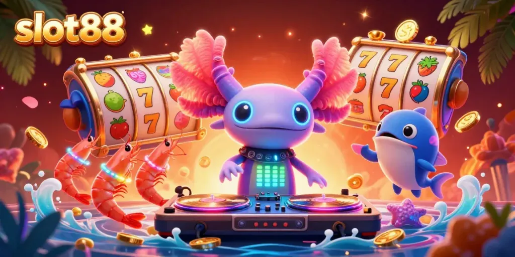 Menangkan jackpot di slot88 dengan DJ axolotl dan teman-teman laut yang meriah.