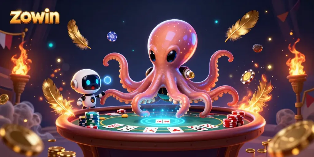 Zowin reveals a cosmic casino with a playful alien octopus managing a holographic poker game.