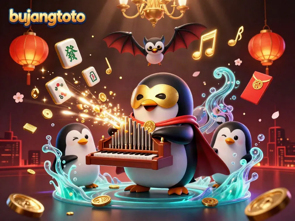 Experience the excitement of bujangtoto as a phantom opera penguin reveals golden coins amidst a vibrant casino scene.