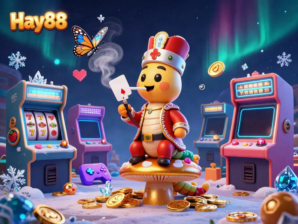 Experience the vibrant gambling world of Hay88 through a vivid 3D illustration showcasing a whimsical caterpillar character and casino elements.
