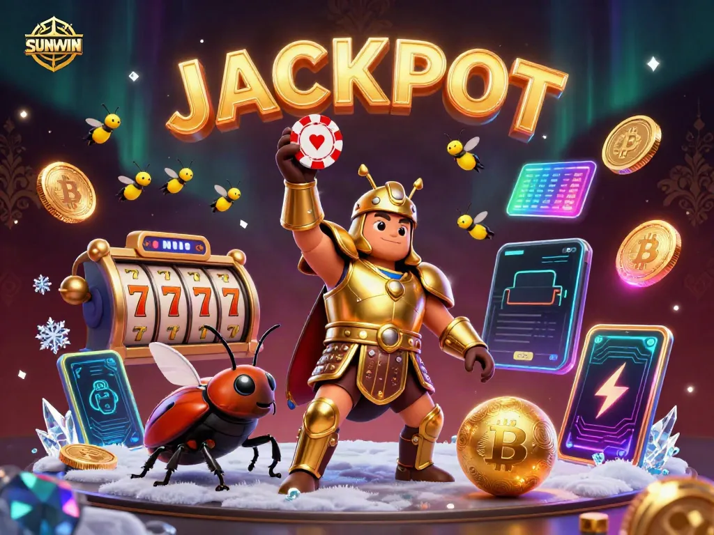 Engage with SUNWIN's casino adventure featuring a heroic beetle winning big, with jackpot lights and crypto coins.