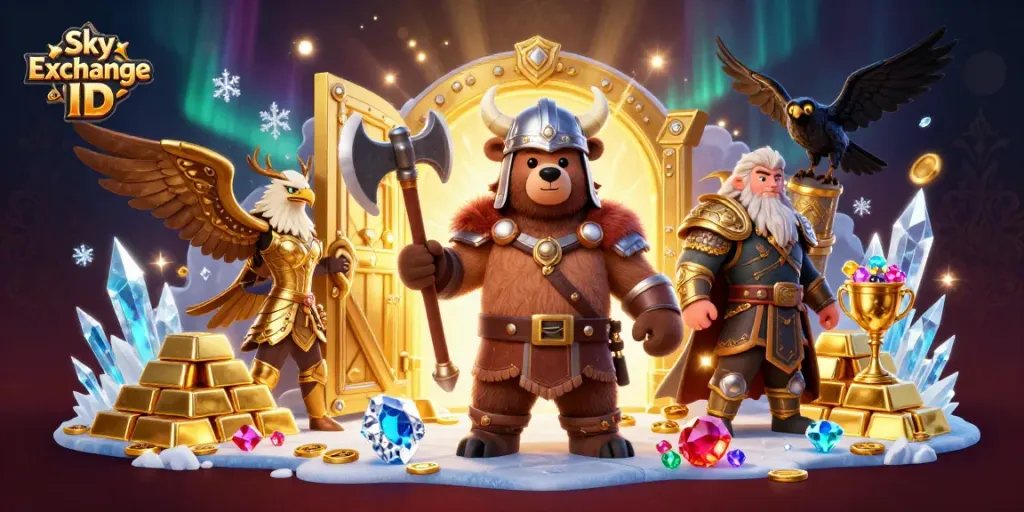 Engage in thrilling betting with Sky Exchange ID, surrounded by treasures and action-filled casino elements.