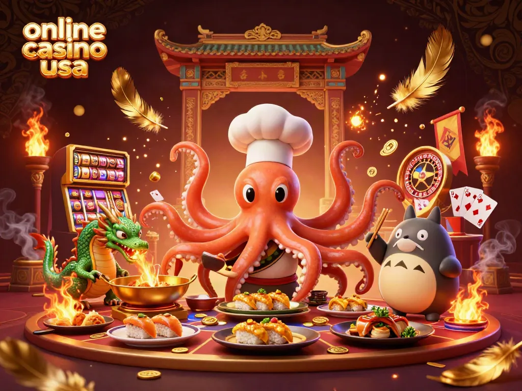 Experience online casino usa with a vibrant 3D scene featuring a sushi chef octopus and a dragon.