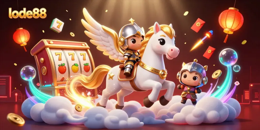 Engage with lode88's vibrant casino experience featuring a magical white horse and knight amid slot reels.