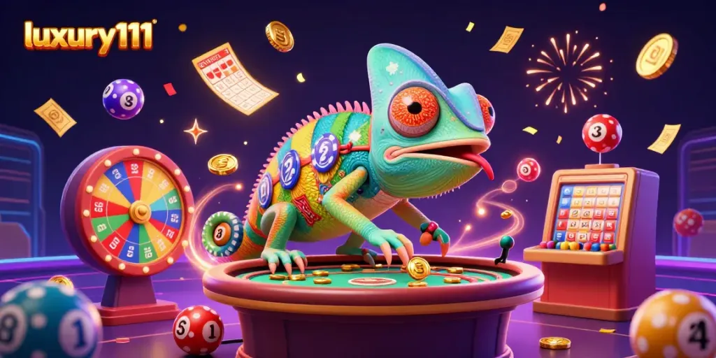 Engage with luxury111 in a vibrant casino scene featuring a dynamic chameleon character and celebratory elements.