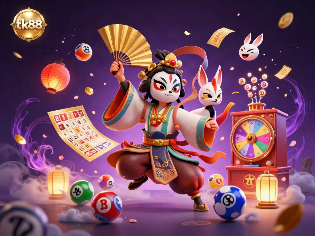 Engage with the vibrant universe of TK88, featuring kabuki warriors and colorful lottery elements for an exhilarating gaming experience.