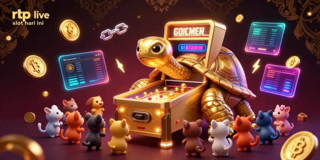 Experience the excitement of rtp live slot hari ini with a vibrant 3D scene featuring a golden tortoise pinball machine.