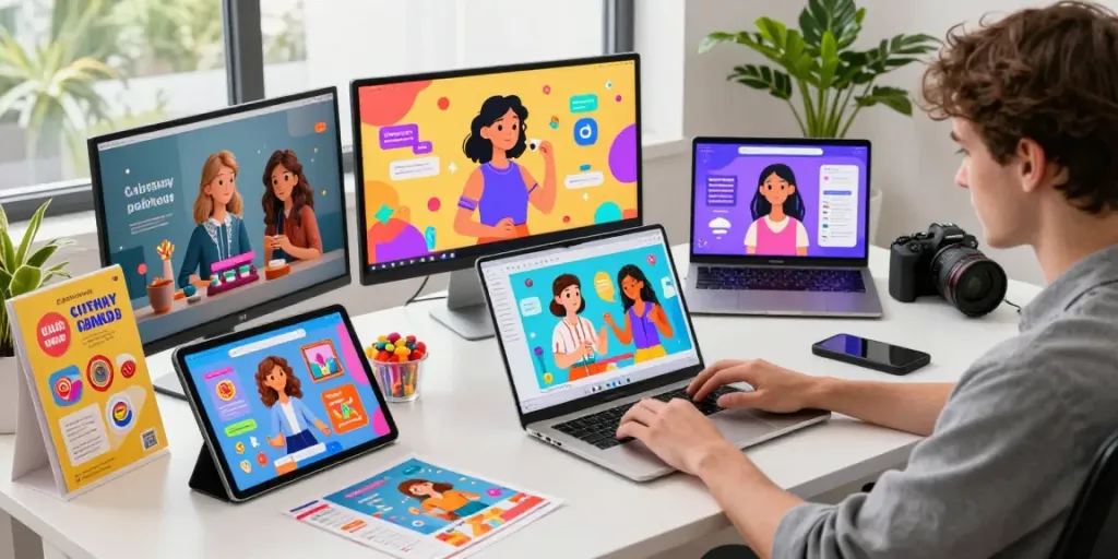 Engaging digital workspace highlighting candy AI alternatives with vibrant tools and design materials.