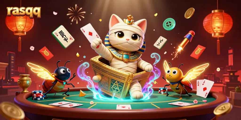 Win big with RasQQ featuring a mystical Egyptian mummy cat in a vibrant casino scene.
