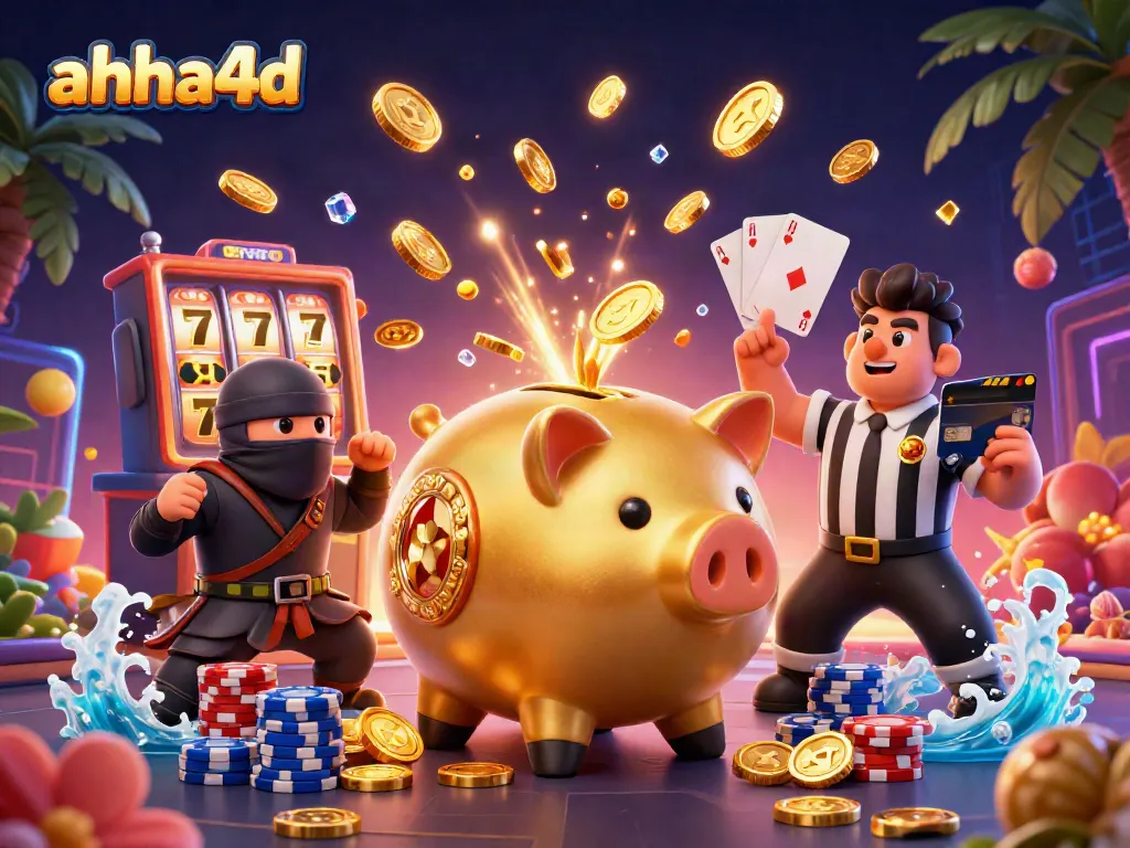 Experience thrilling wins with ahha4d's dynamic slot gaming scene featuring vibrant characters and coins.