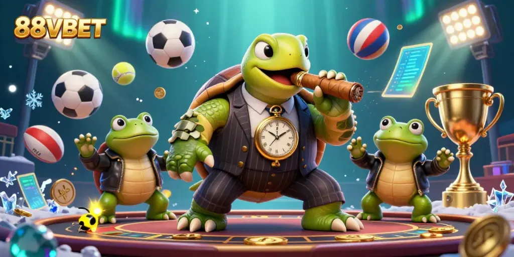 Engage with thrilling gameplay at 88VBET, featuring a charismatic turtle mobster surrounded by vibrant casino elements.