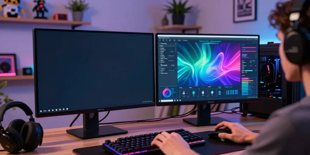Engaging Singatoto link gaming interface with dual monitors and accessories