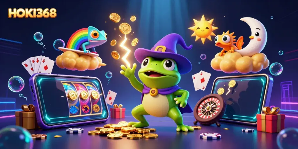 Engage with HOKI368 through a vibrant 3D illustration showcasing exciting casino elements and dynamic characters.