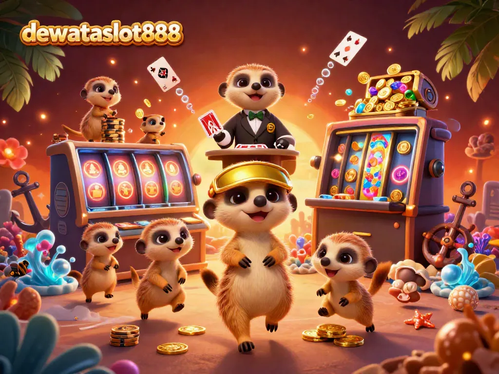 Permainan capsa susun dewataslot888 dalam ilustrasi 3D yang menampilkan koloni meerkat di kasino.
