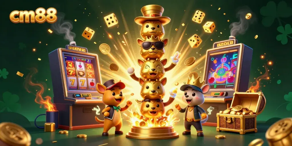 Win big at cm88 with vibrant 3D casino illustration featuring slot machines, golden coins, and lucky symbols.