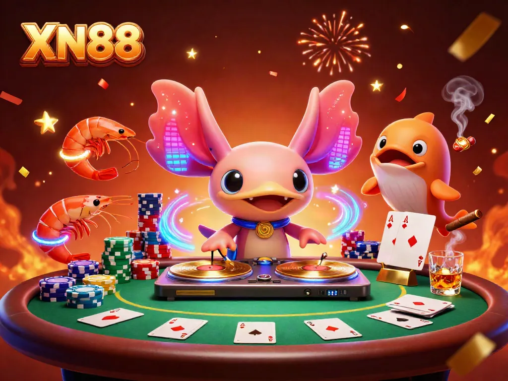 Experience XN88's vibrant casino atmosphere with a neon DJ, lively characters, and gambling excitement.