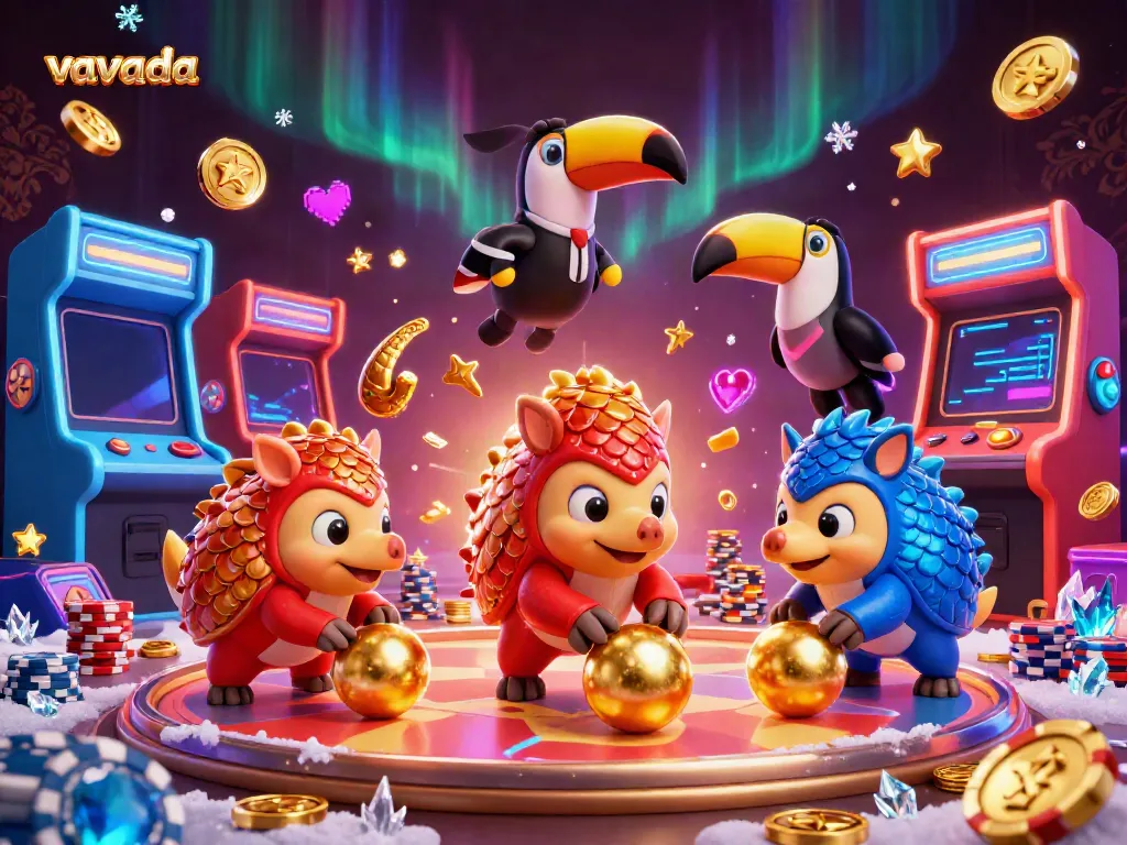 Vavada casino illustration with dynamic pangolins, poker chips, and vibrant game elements in action.