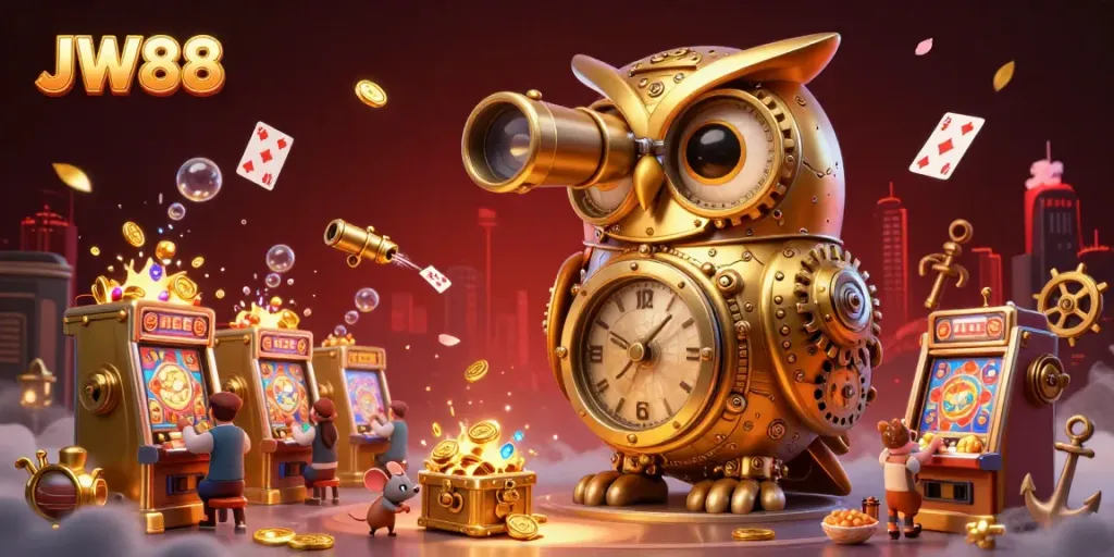 Experience JW88's vibrant casino atmosphere with a golden owl and lively mouse patrons amidst dazzling treasures.