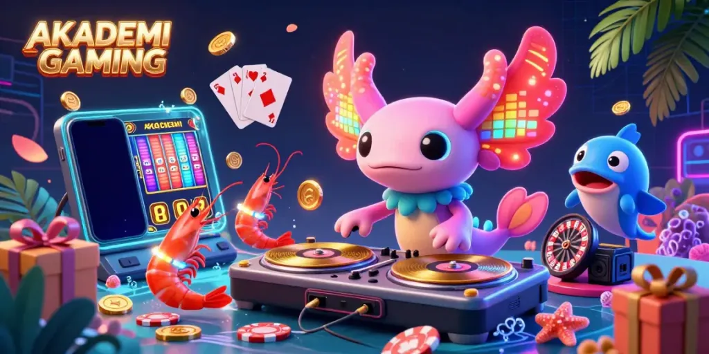 The axolotl DJ pumps excitement at AKADEMIGAMING with vibrant gaming elements and a lively underwater party scene.