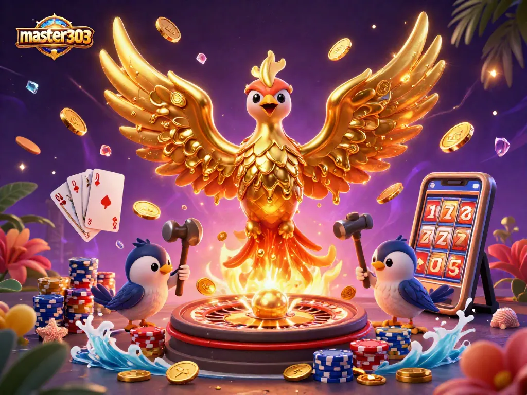 Master303 memainkan permainan kasino dengan phoenix emas dan koin berkilau yang terbang di sekitar.