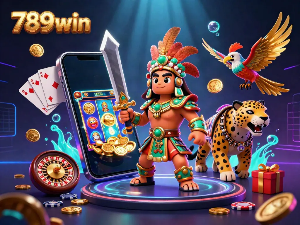 Experience thrilling slots and gaming with 789win's dynamic 3D illustration featuring Aztec warriors and casino elements.