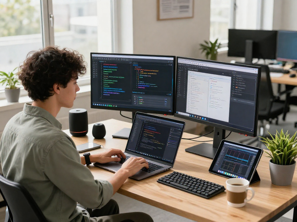 Workspace pengembang dengan tampilan coloksgp dan teknologi modern, suasana produktif dan kreatif.
