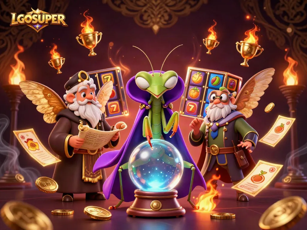 LGOSUPER slots illustration with a mystical fortune teller and dynamic casino elements.