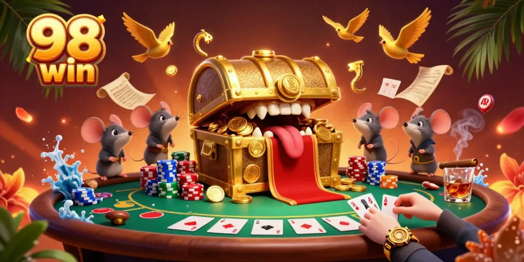 Win big at 98 win with a treasure chest and poker excitement in an engaging scene.