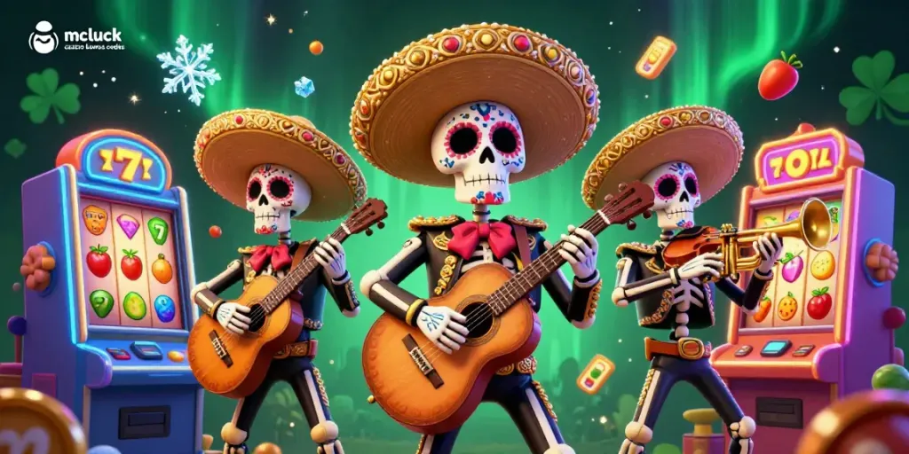 Engage with mcluck casino bonus codes through a vibrant 3D rendition of mariachi skeletons and slot games.