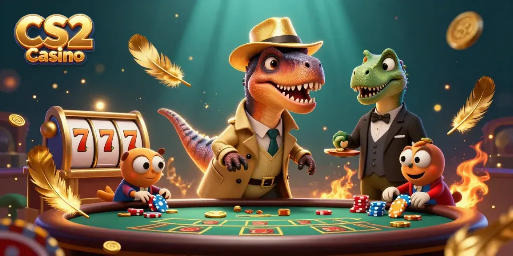 Experience the thrill of CS2 Casino with a velociraptor card counter at the blackjack table amidst swirling golden effects.