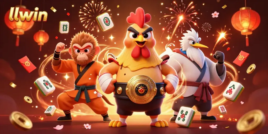 Engage with llwin in a vibrant 3D scene featuring a Muay Thai rooster, Shaolin monkey, and crane master amidst casino elements.