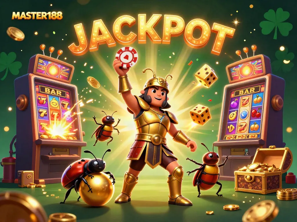 Master188 highlights an energetic jackpot scene featuring a victorious beetle and vibrant casino elements.
