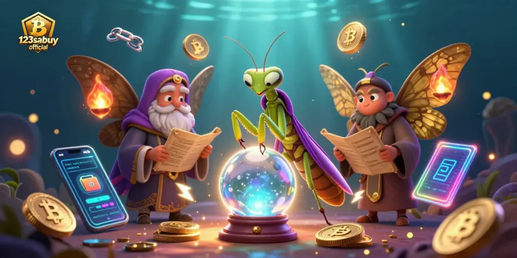Engage with 123sabuy official's vibrant casino world featuring mystical characters and cryptocurrency elements.