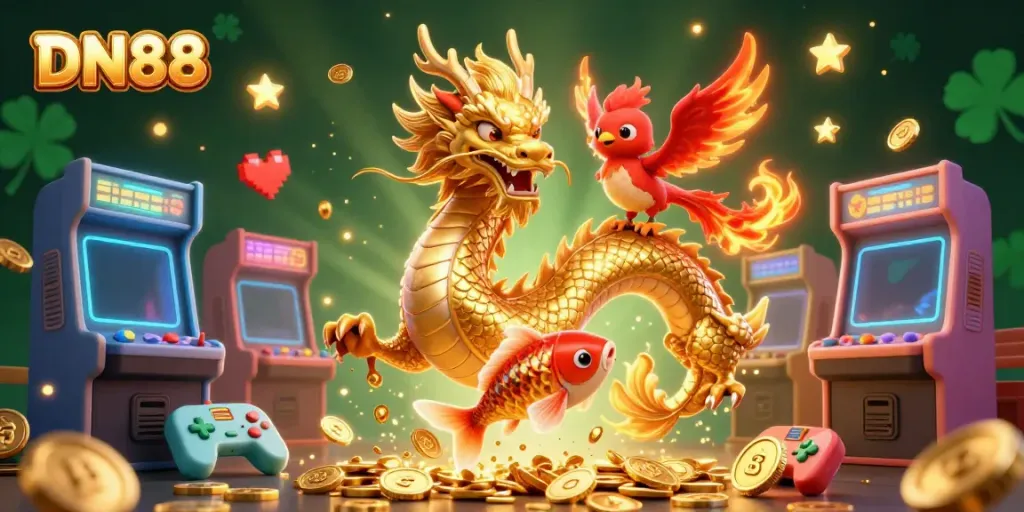 Experience the action of DN88 with a dragon, phoenix, and koi fish surrounded by vibrant casino elements.