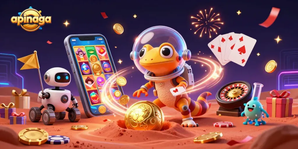 Cheer for apinaga as the Martian gecko explores a dazzling golden casino on Mars.