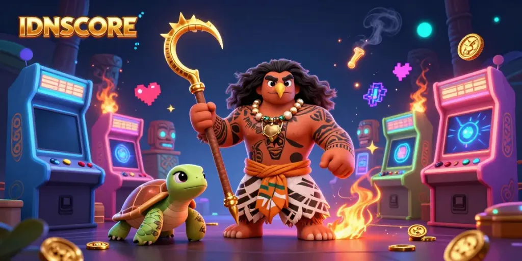 Engage with IDNSCORE through dynamic 3D gaming visuals featuring tribal demigod and vibrant arcade elements.