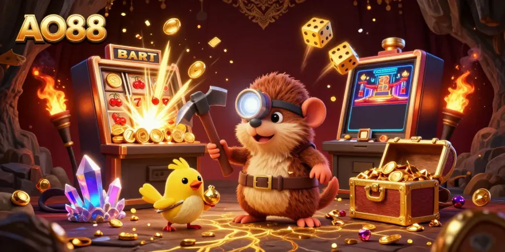 Experience the thrill of AO88 with treasure hunting and casino jackpots vividly illustrated.