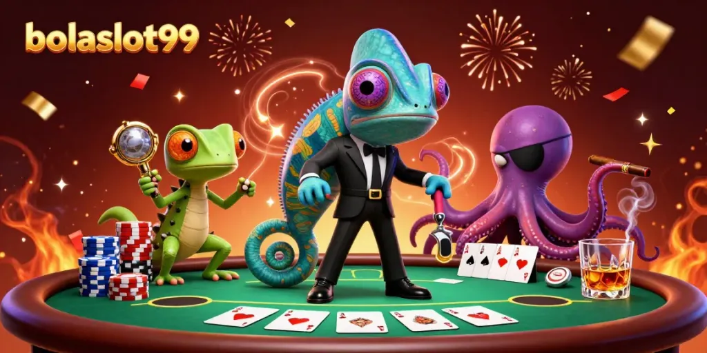 Bolaslot99 showcases thrilling poker action amid a vibrant casino scene featuring animated characters.