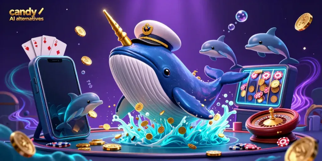 Candy AI alternatives illustrated with a giant whale breaching through gold coins while dolphins flip poker chips.