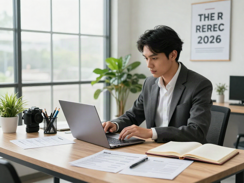 หางาน - Professional job seeker reviewing listings in a bright office environment.