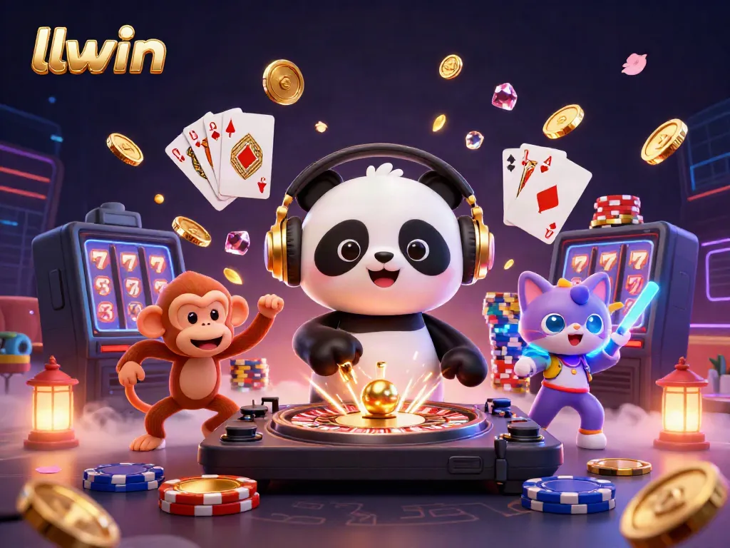 Experience the excitement of llwin with a vibrant 3D casino scene featuring a DJ panda, dancing monkey, and glowing kitten amidst sparkling gems and coins.