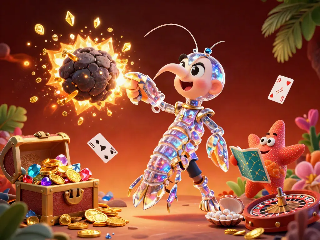 Experience thrilling action with dabet as a mantis shrimp erupts asteroids into gems in this vibrant underwater casino scene.