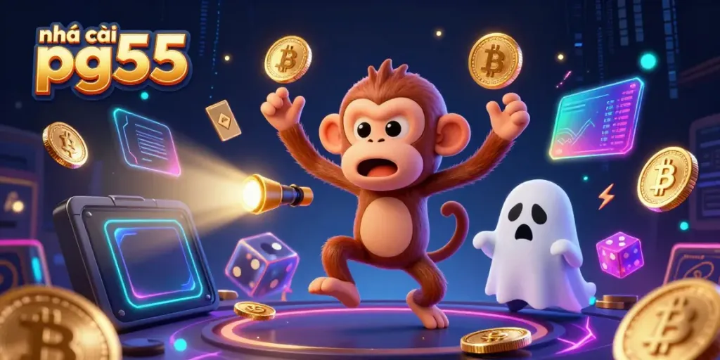 Join the excitement at nhà cái pg55 as a mischievous monkey juggles casino tokens while a curious puppy tracks it.