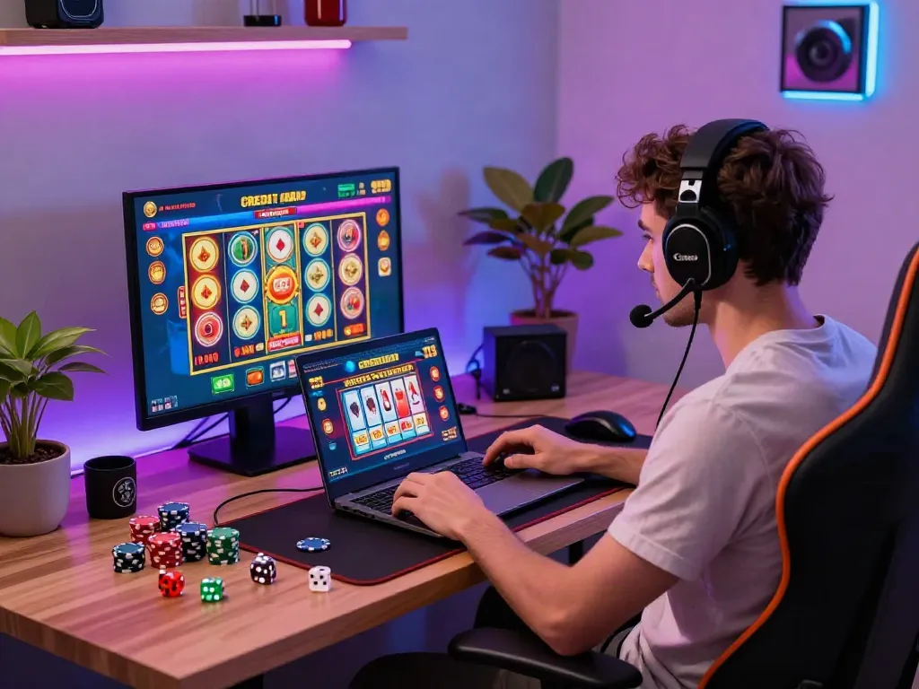 Player enjoying credit card casinos at a modern digital workspace with gaming graphics.